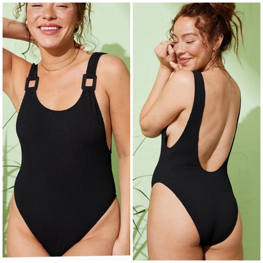 ​NWOT Aerie Crinkle Birthday Scoop Cheekiest One Piece Swimsuit Black S High Cut